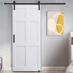 CRAZY ELF 28" x 84" Six Paneled Real Primed Door Slab + 6.6FT Barn Door Sliding Hardware + Adjustable Floor Guider + Pull Handle, DIY Unfinished Paneled Door, Modern Interior Barn Door, Water-proof