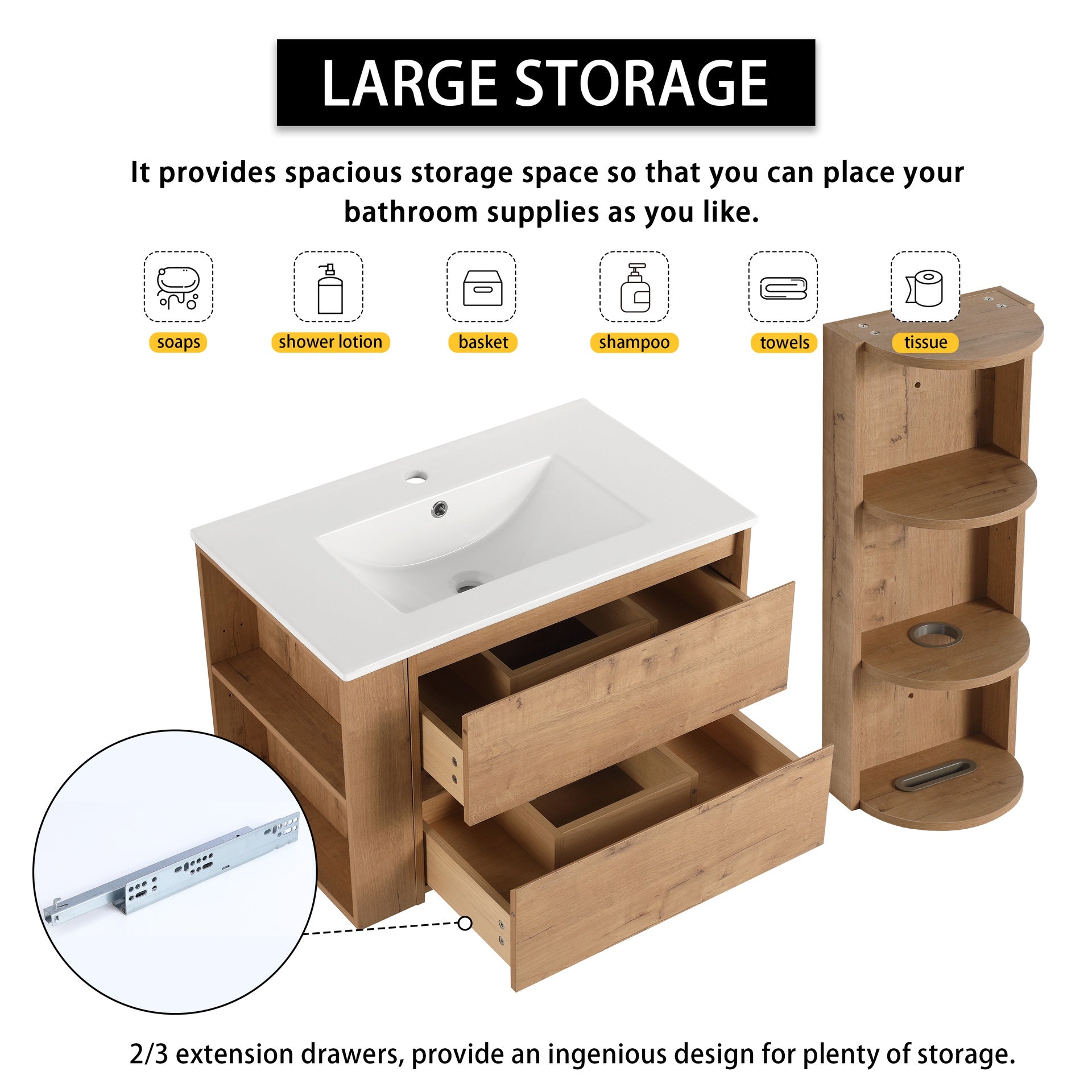 30" Wall-Mounted Bathroom Vanity With Sink and Storage Rack, 2-Soft Close Drawer,00612IMO-05530IMO Combination Cabinet(KD-Packing)