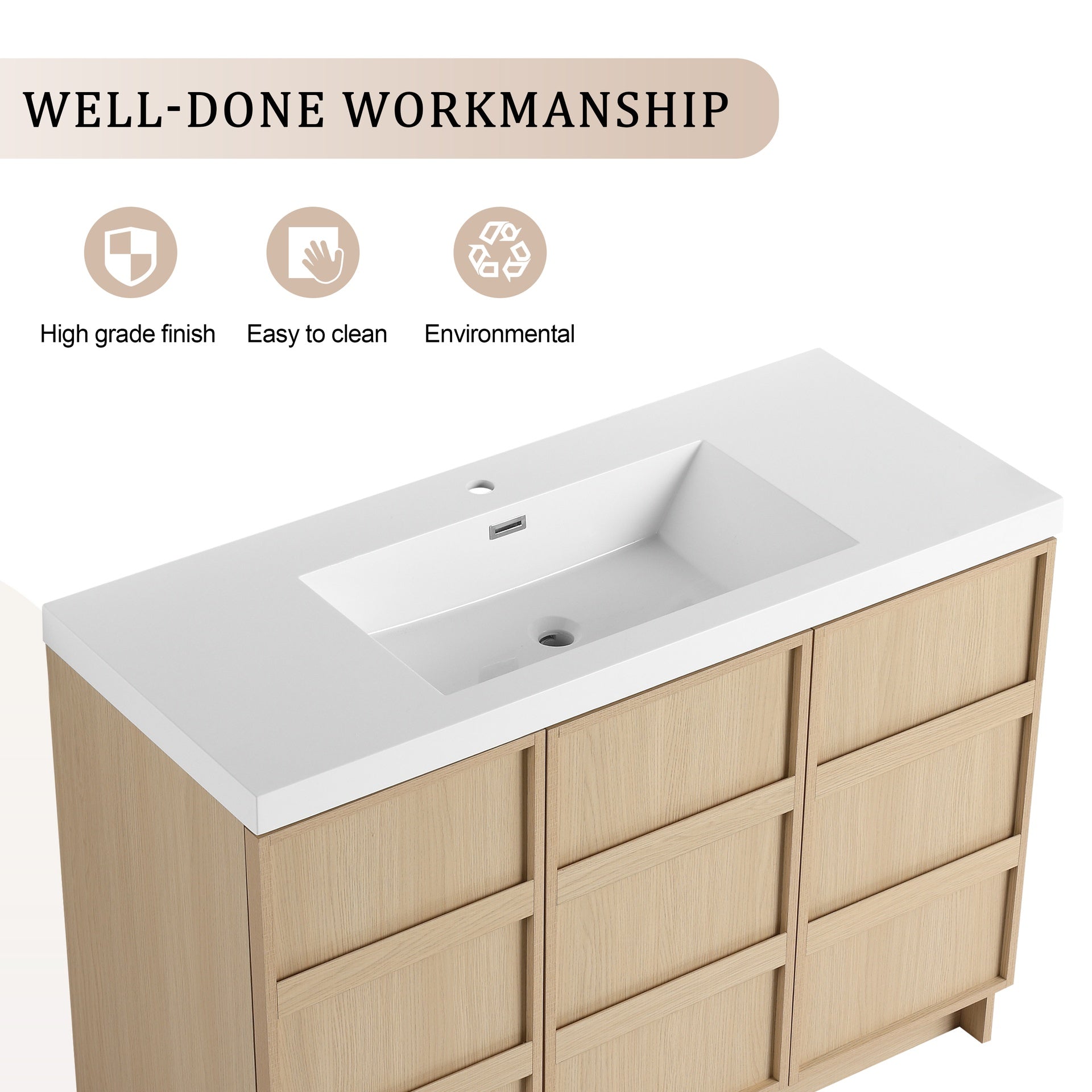 48" Freestanding Bathroom Vanity With Resin Sink  & 3 Soft-Close Cabinet Doors, Plywood, Dune Oak (KD-PACKING)