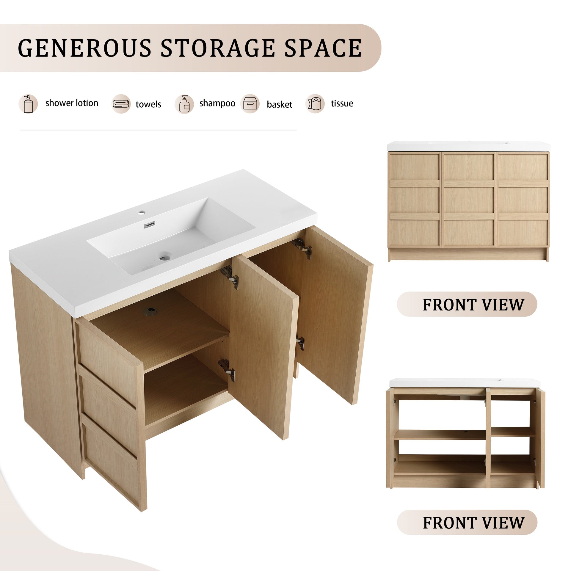48" Freestanding Bathroom Vanity With Resin Sink  & 3 Soft-Close Cabinet Doors, Plywood, Dune Oak (KD-PACKING)
