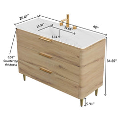 AMARA 48'' Bathroom Vanity with Sink, Freestanding Curved Edges Plywood Bathroom Storage Cabinet with 3 Drawers, Carrara White Sintered Stone Integrated Basin, Pre-assembled, White Oak Woodgrain Color