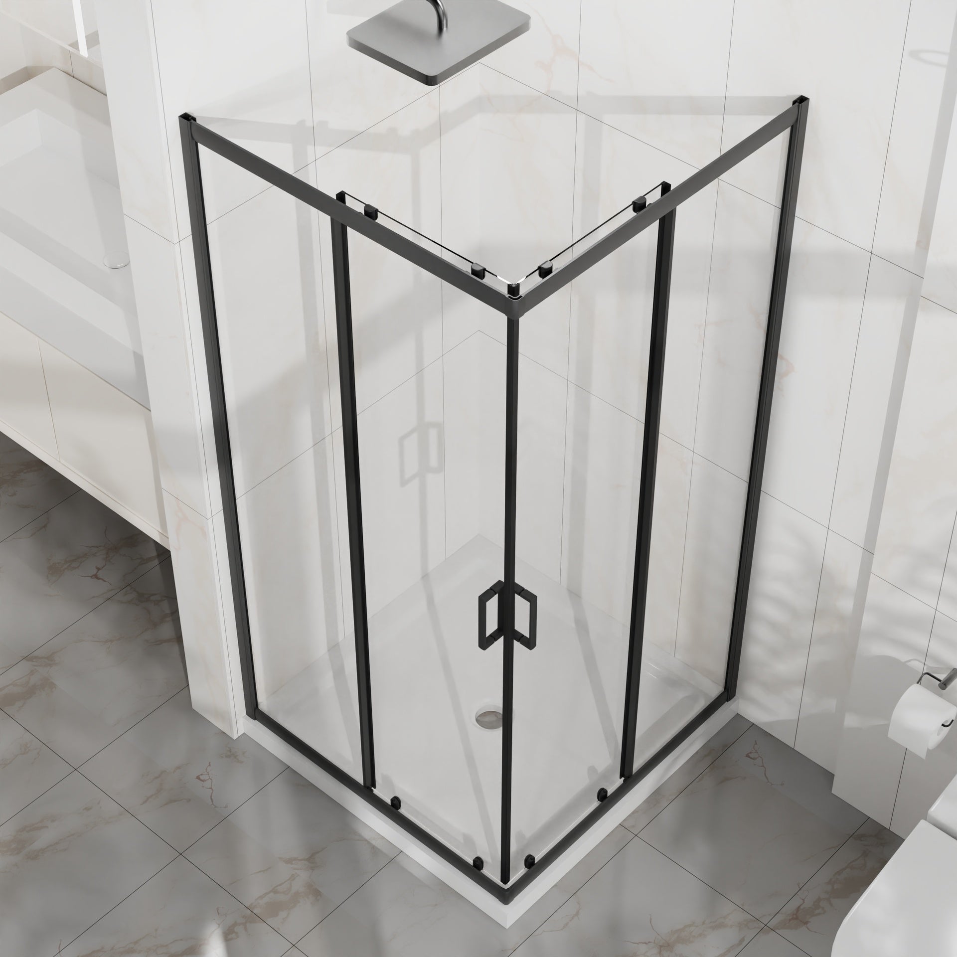 Goodyo Corner Shower Enclosure 36 in.D x 36 in. W x 72 in. H, Sliding Shower Door with White Shower Base, 1/4 in Clear Tempered Glass Shower Stall, Matte Black