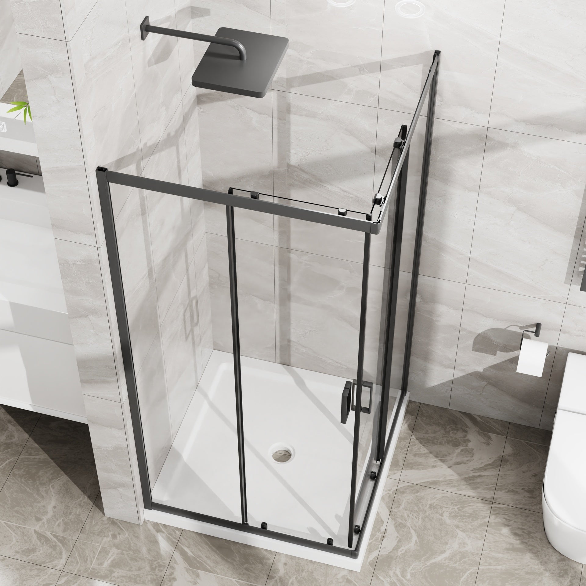 Goodyo Corner Shower Enclosure 36 in.D x 36 in. W x 72 in. H, Sliding Shower Door with White Shower Base, 1/4 in Clear Tempered Glass Shower Stall, Matte Black