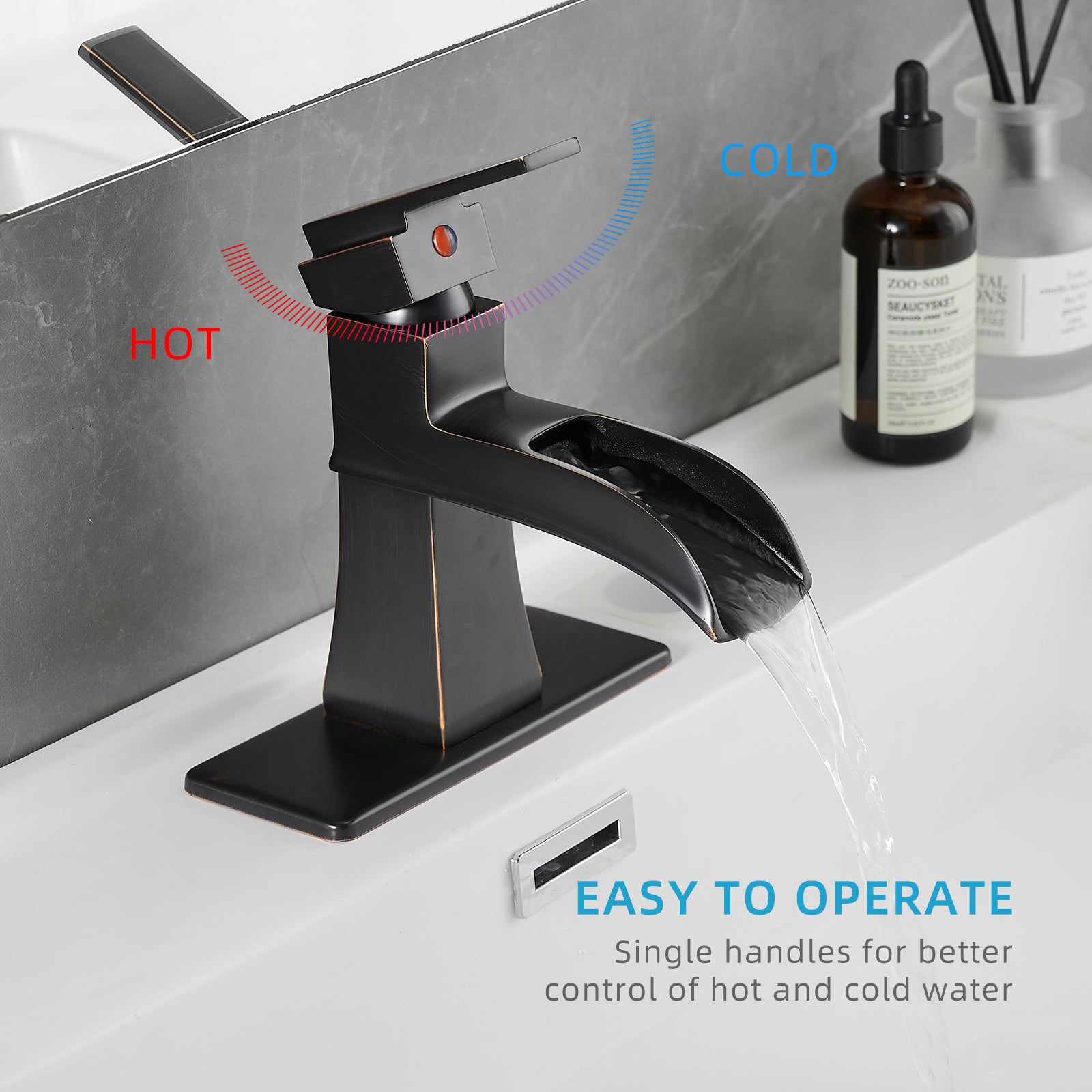 Sink Faucet With Deck Plate Waterfall ORB with Pop Up Drain and Supply Lines Bathroom faucets for Sink 1 Hole One Handle Faucets Vanity Bath Mixer Tap