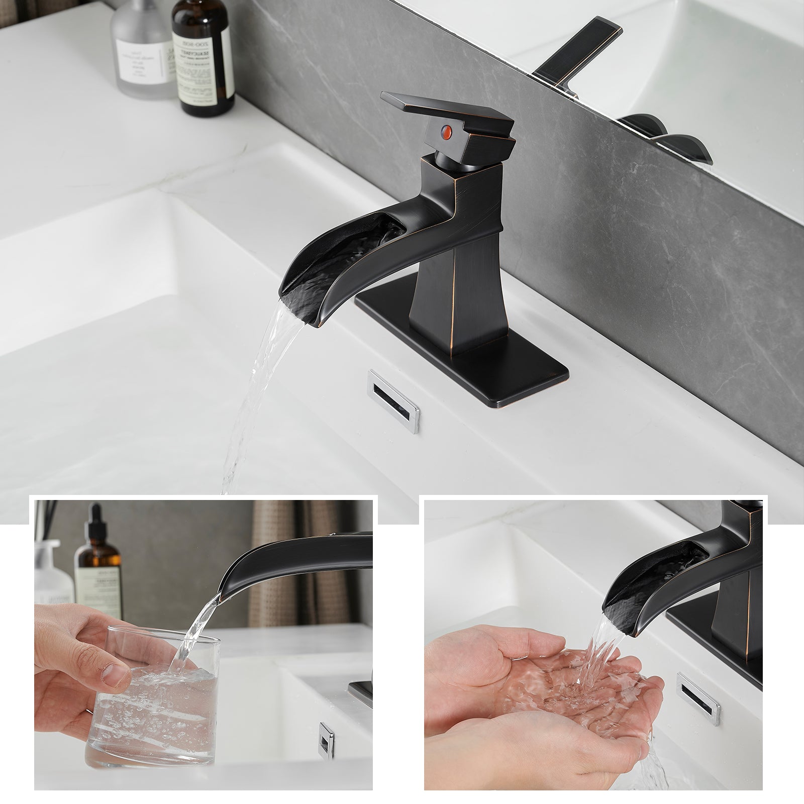 Sink Faucet With Deck Plate Waterfall ORB with Pop Up Drain and Supply Lines Bathroom faucets for Sink 1 Hole One Handle Faucets Vanity Bath Mixer Tap