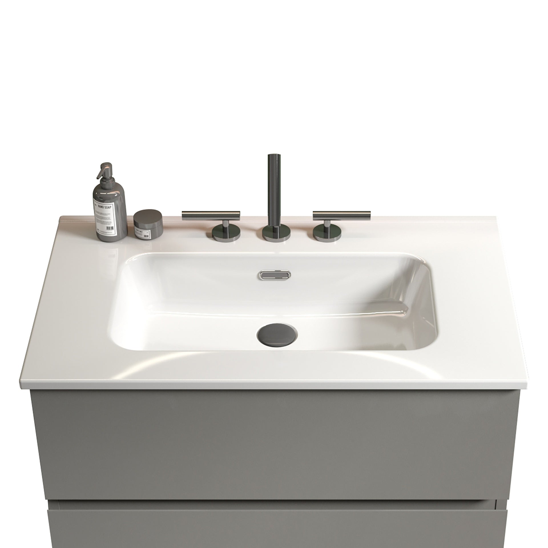 BB0930Y331, Integrated white ceramic basin with three predrilled faucet holes, faucet and drain assembly NOT included