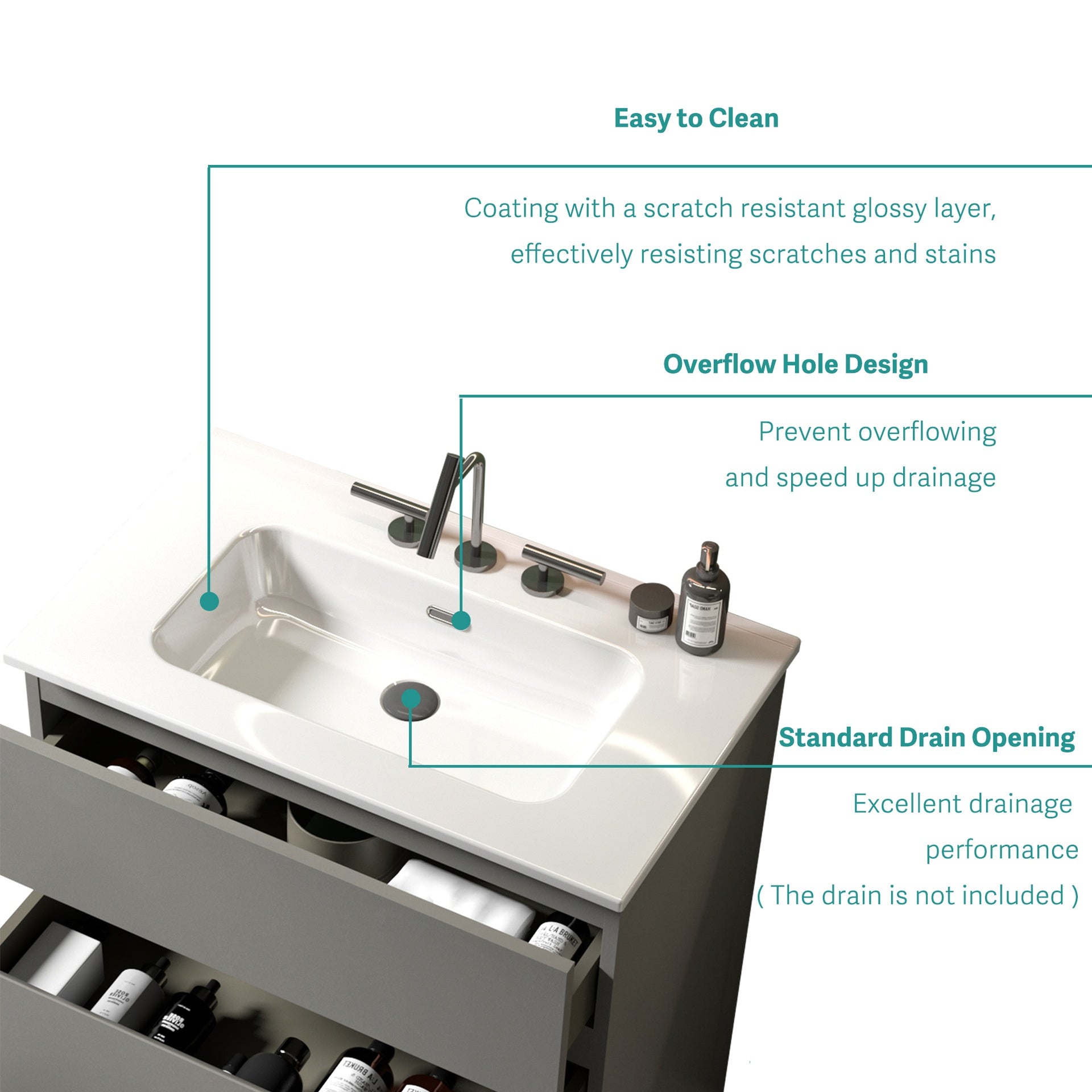 BB0930Y331, Integrated white ceramic basin with three predrilled faucet holes, faucet and drain assembly NOT included