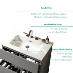 BB0930Y331, Integrated white ceramic basin with three predrilled faucet holes, faucet and drain assembly NOT included