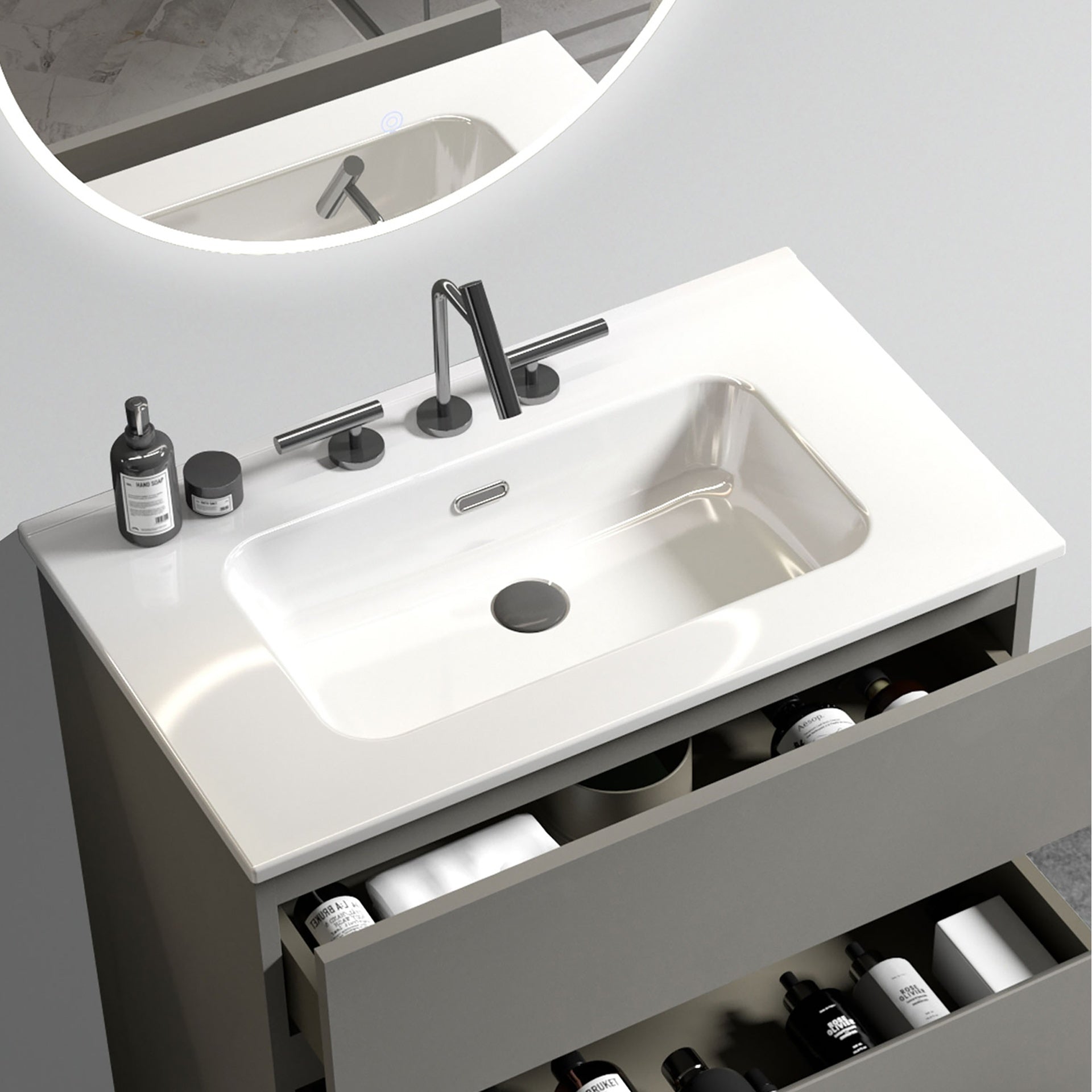 BB0930Y331, Integrated white ceramic basin with three predrilled faucet holes, faucet and drain assembly NOT included