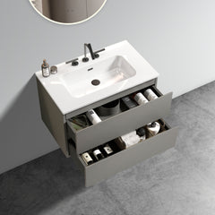 TIA 30" Wall Mount Space grey Bathroom Vanity with Ceramic Sink with Three Faucet Holes, Large Storage Floating Bathroom Vanity for Modern Bathroom, Pre-assembled