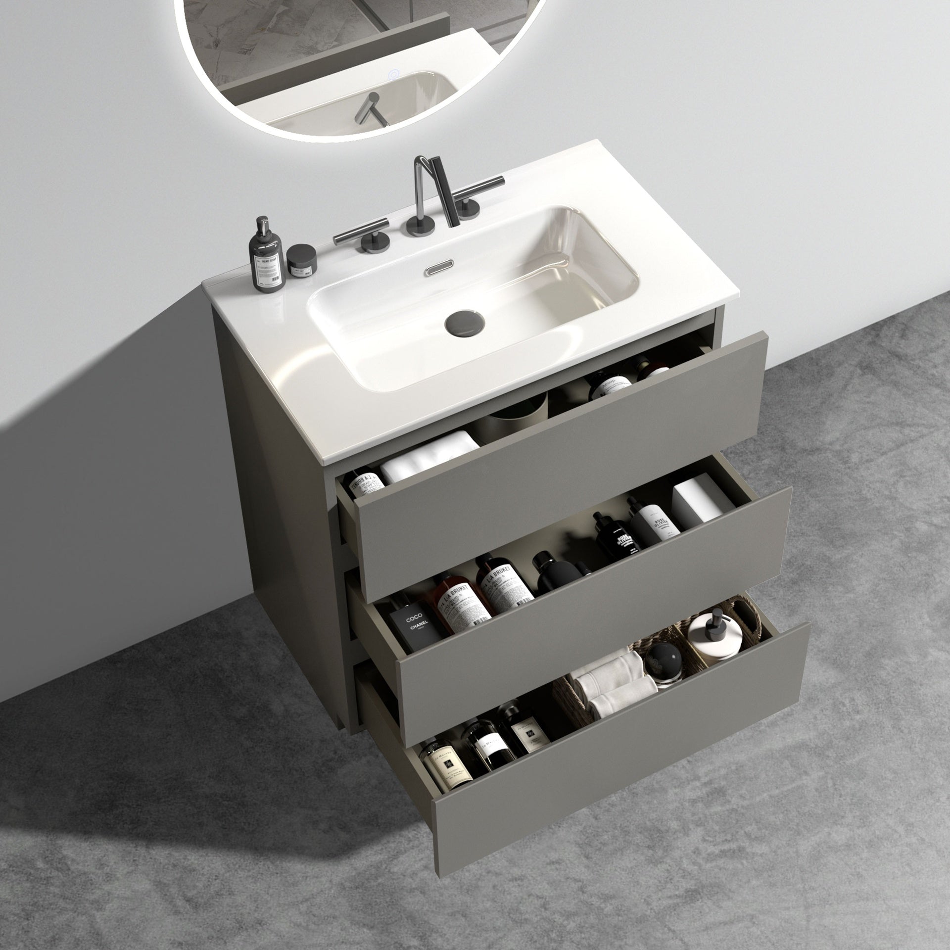 Tia 30" Gray Bathroom Vanity with Sink with 3 Faucet Holes, Large Storage Freestanding Bathroom Vanity for Modern Bathroom, One-Piece White Sink Basin without Drain and Faucet, Pre-assembled
