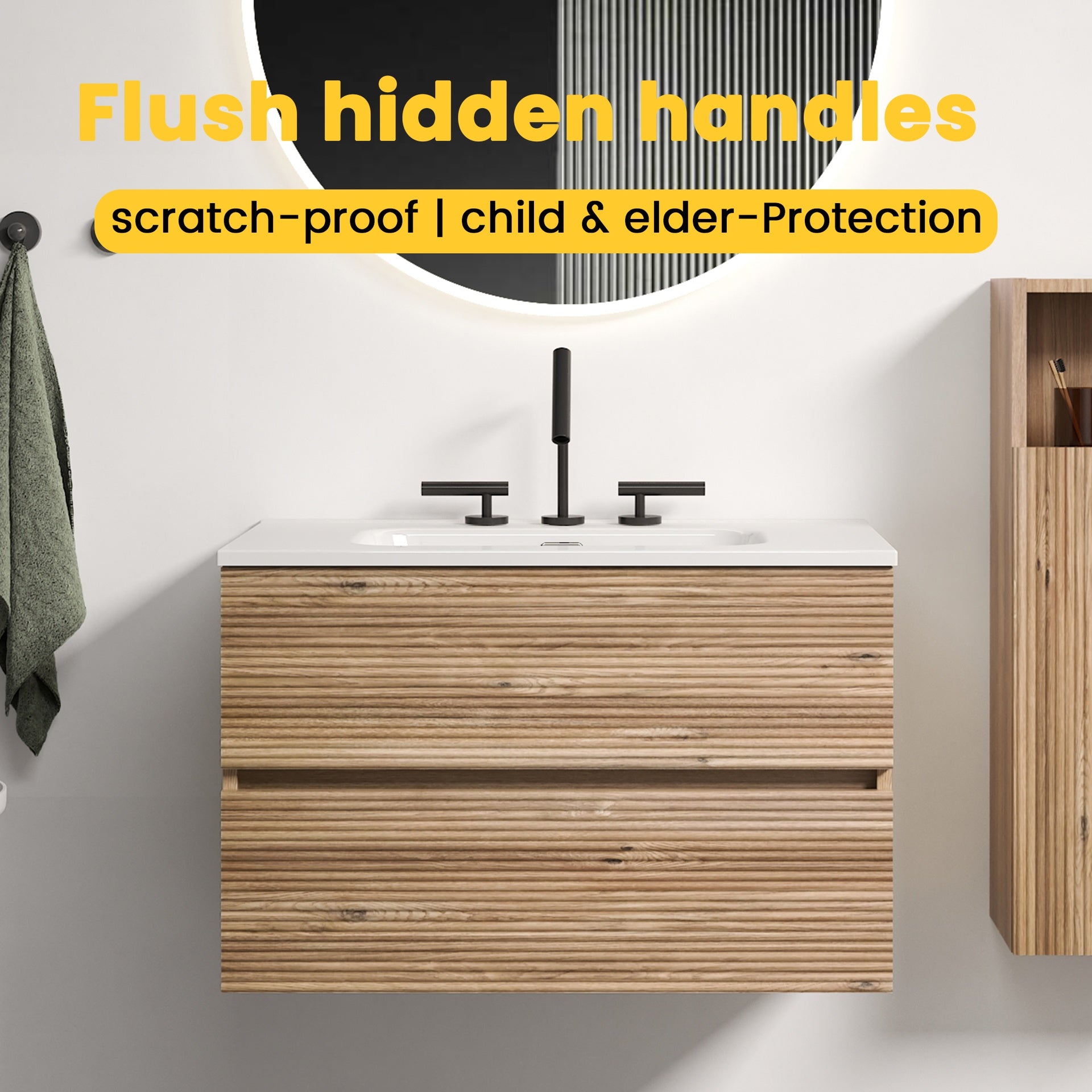 Gloria 30" Wall Mounted Rough Oak&Rough Oak Bathroom Vanity with Integrated Ceramic Sink with Overflow, with 3 holes, Large Storage Floating Bathroom Vanity for Modern Bathroom, KD