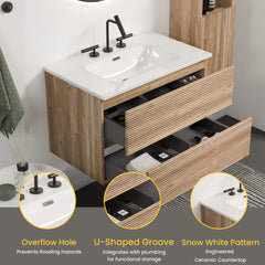 Gloria 30" Wall Mounted Rough Oak&Rough Oak Bathroom Vanity with Integrated Ceramic Sink with Overflow, with 3 holes, Large Storage Floating Bathroom Vanity for Modern Bathroom, KD