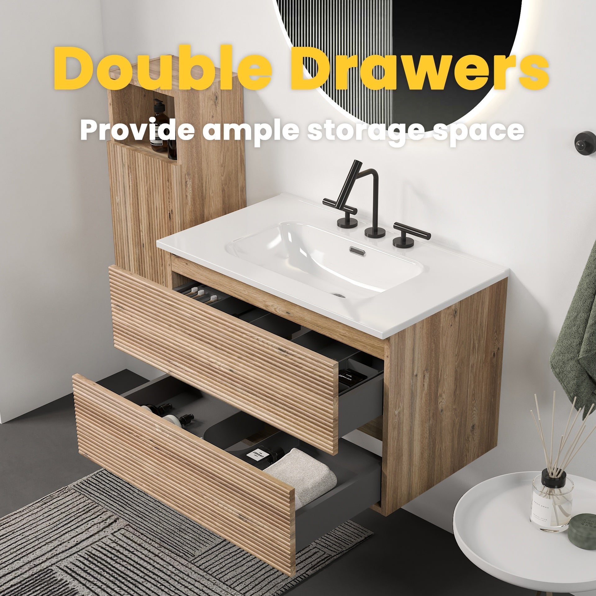 Gloria 30" Wall Mounted Rough Oak&Rough Oak Bathroom Vanity with Integrated Ceramic Sink with Overflow, with 3 holes, Large Storage Floating Bathroom Vanity for Modern Bathroom, KD