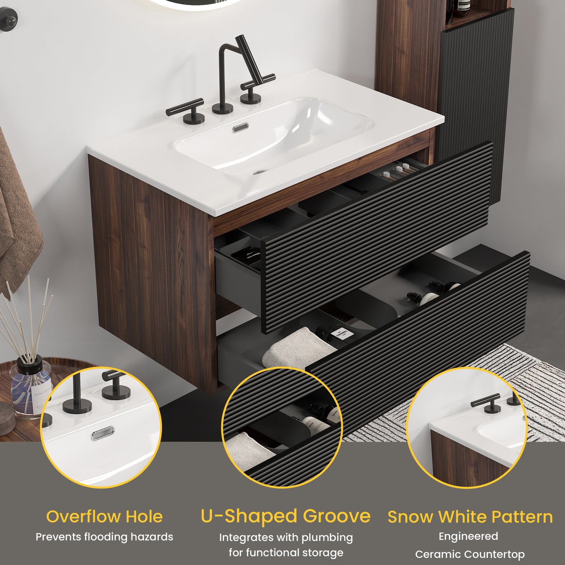 Gloria 30" Wall Mounted Soft Black & Walnut Bathroom Vanity with Integrated Ceramic Sink with 3 holes, with Overflow, Large Storage Floating Bathroom Vanity for Modern Bathroom, KD