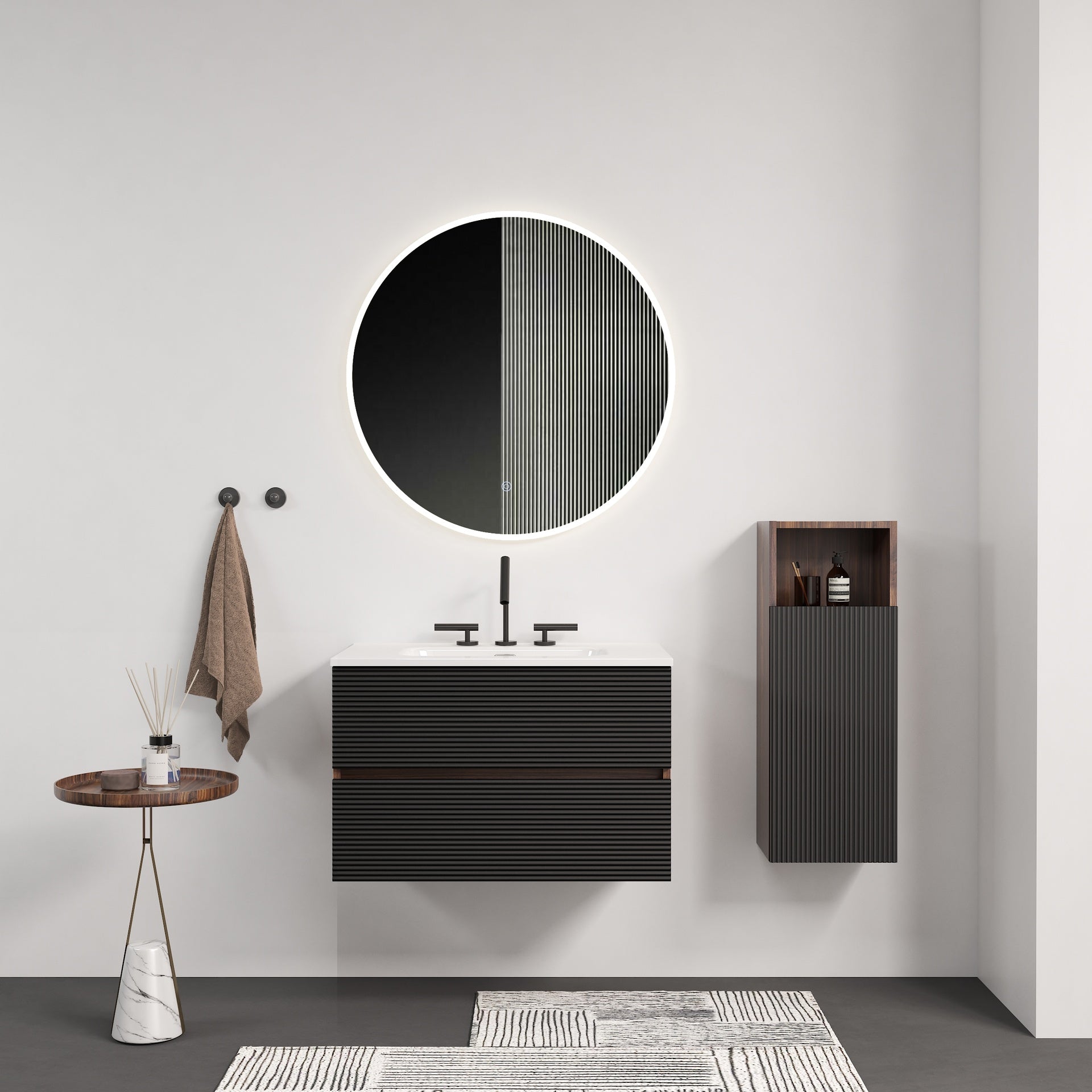 Gloria 30" Wall Mounted Soft Black & Walnut Bathroom Vanity with Integrated Ceramic Sink with 3 holes, with Overflow, Large Storage Floating Bathroom Vanity for Modern Bathroom, KD
