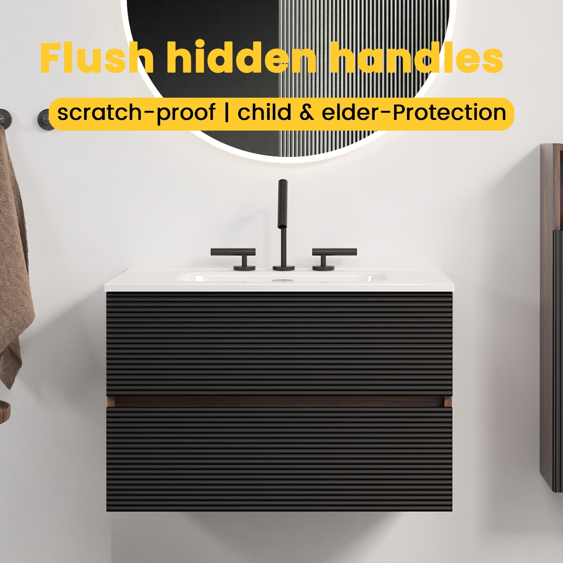 Gloria 30" Wall Mounted Soft Black & Walnut Bathroom Vanity with Integrated Ceramic Sink with 3 holes, with Overflow, Large Storage Floating Bathroom Vanity for Modern Bathroom, KD
