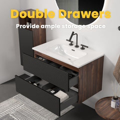 Gloria 30" Wall Mounted Soft Black & Walnut Bathroom Vanity with Integrated Ceramic Sink with 3 holes, with Overflow, Large Storage Floating Bathroom Vanity for Modern Bathroom, KD