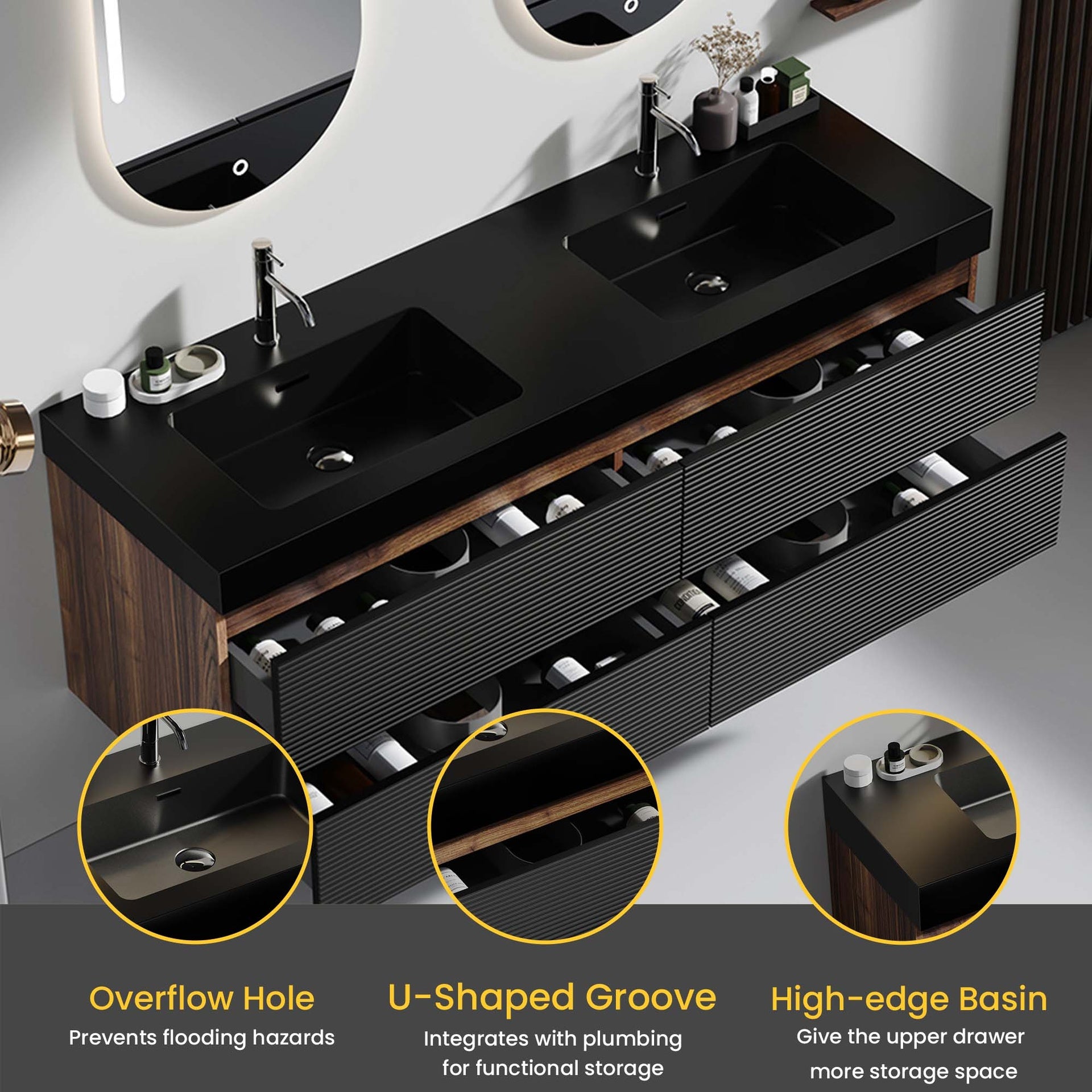 Grace 60" Walnut Bathroom Vanity with Matt Black Engineered Quartz Sink and Soft Black Drawers, Wall Mounted Floating Bathroom Vanity, without drainage and faucet, Pre-assembled