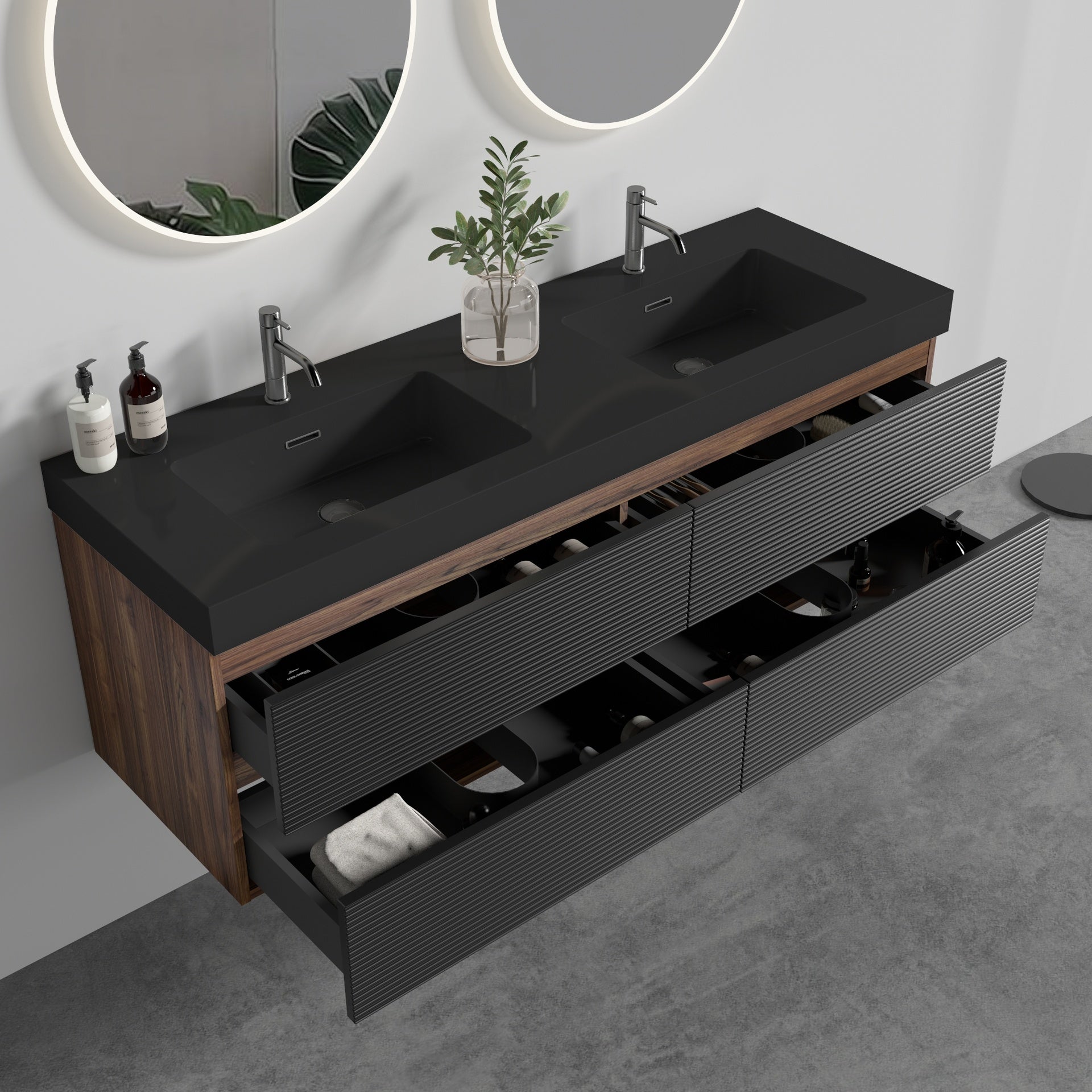 Grace 60" Walnut Bathroom Vanity with Matt Black Engineered Quartz Sink and Soft Black Drawers, Wall Mounted Floating Bathroom Vanity, without drainage and faucet, Pre-assembled