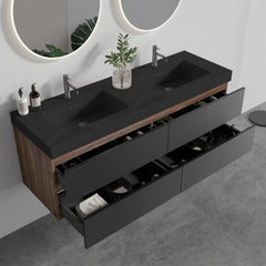 Grace 60" Walnut Bathroom Vanity with Matt Black Engineered Quartz Sink and Soft Black Drawers, Wall Mounted Floating Bathroom Vanity, without drainage and faucet, Pre-assembled