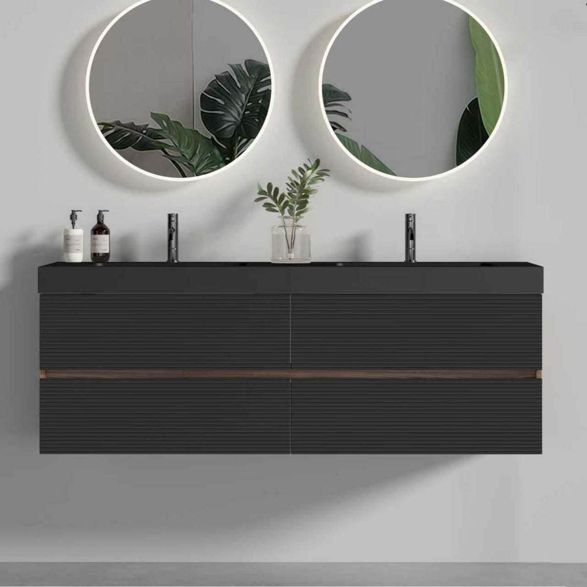 Grace 60" Walnut Bathroom Vanity with Matt Black Engineered Quartz Sink and Soft Black Drawers, Wall Mounted Floating Bathroom Vanity, without drainage and faucet, Pre-assembled