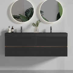 Grace 60" Walnut Bathroom Vanity with Matt Black Engineered Quartz Sink and Soft Black Drawers, Wall Mounted Floating Bathroom Vanity, without drainage and faucet, Pre-assembled