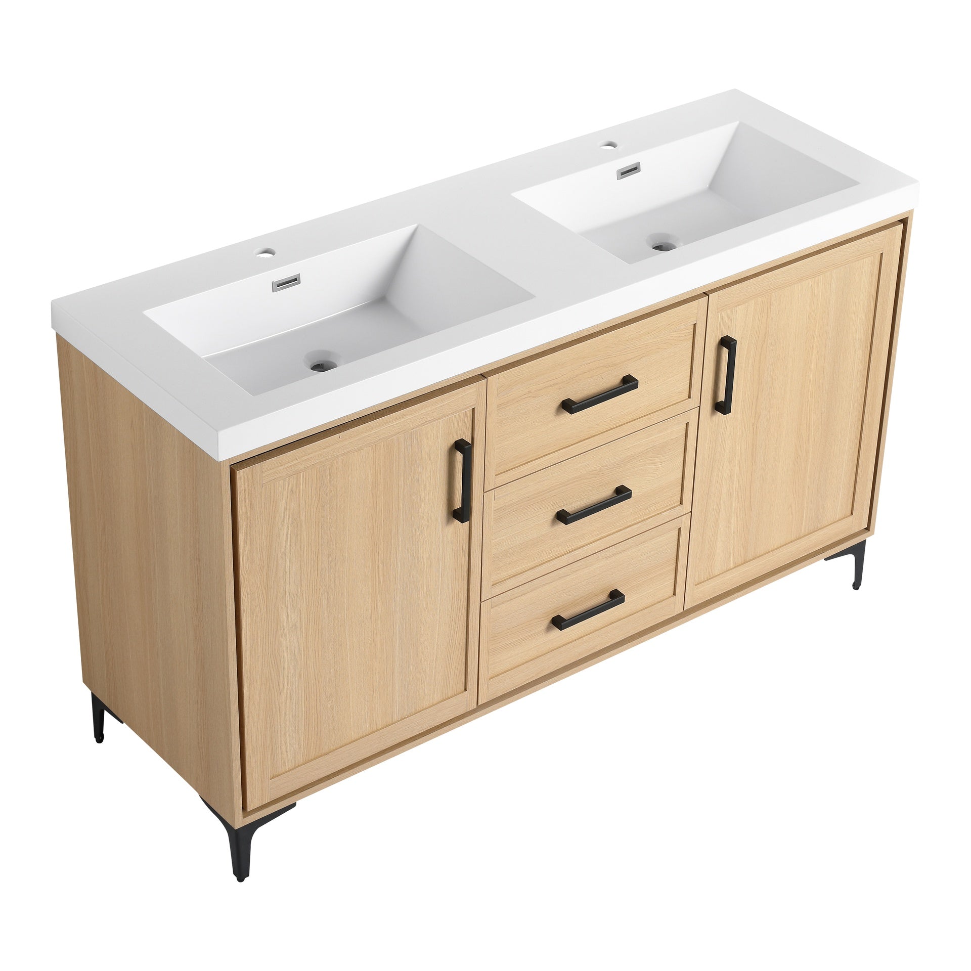 60" Freestanding Bathroom Vanity with Double Resin Sink, 2-Soft Closing Door & 3-Soft Closing Drawer, Original Oak, Plywood