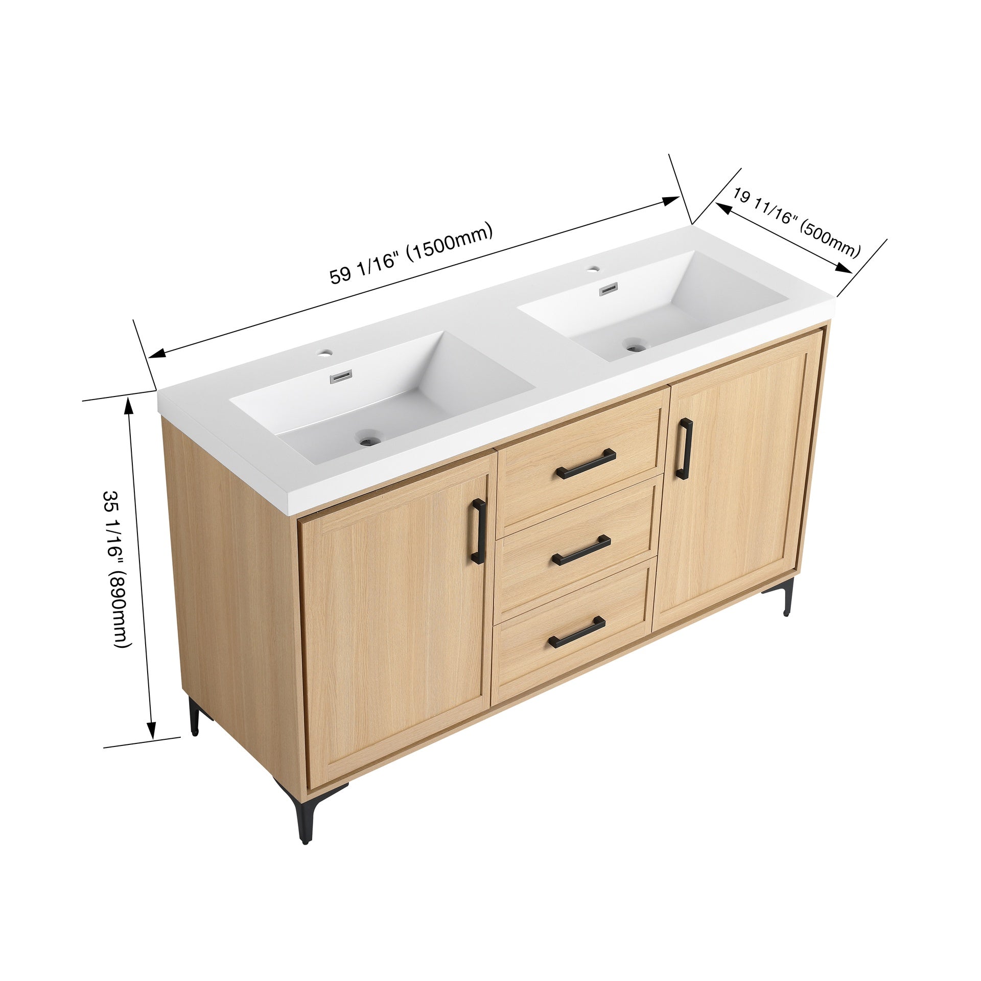 60" Freestanding Bathroom Vanity with Double Resin Sink, 2-Soft Closing Door & 3-Soft Closing Drawer, Original Oak, Plywood