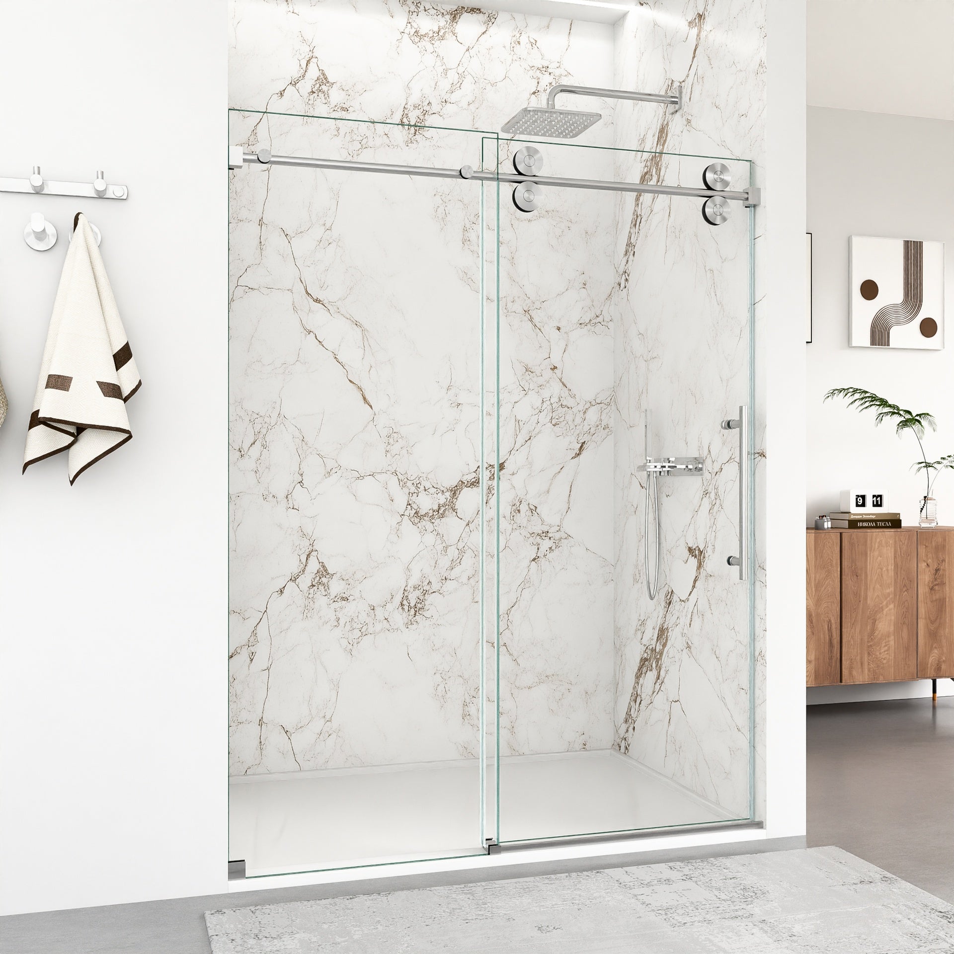 56"-60"W x 72"H Frameless Single Sliding Shower Door – 5/16" (8mm) Clear Tempered Glass, Bypass Design with Brushed Nickel Finish