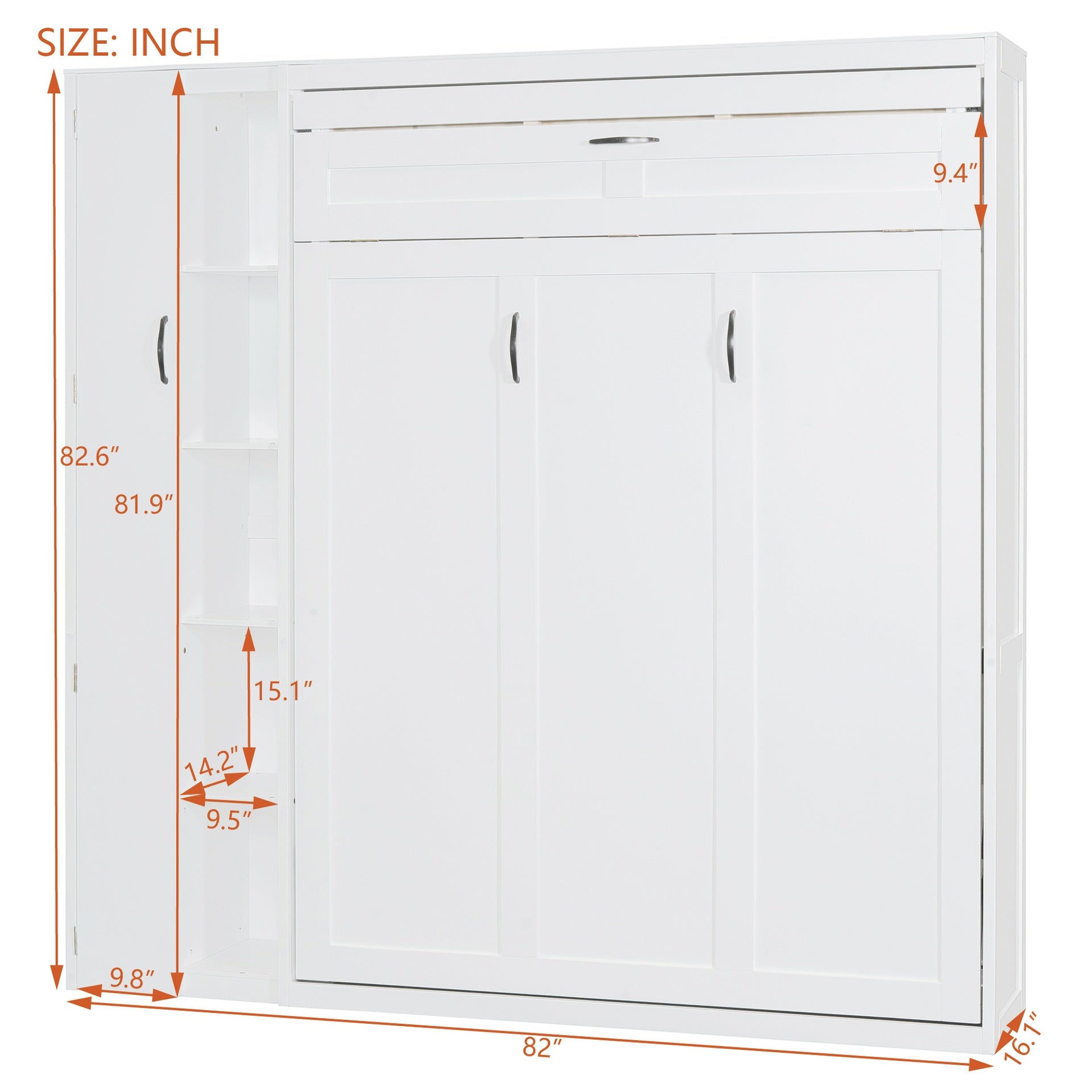 Full Size Murphy Bed Wall Bed with Shelves, Wardrobe and LED Lights,White