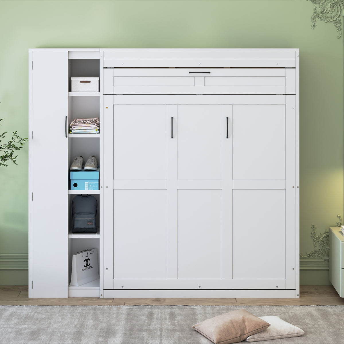 Full Size Murphy Bed Wall Bed with Shelves, Wardrobe and LED Lights,White