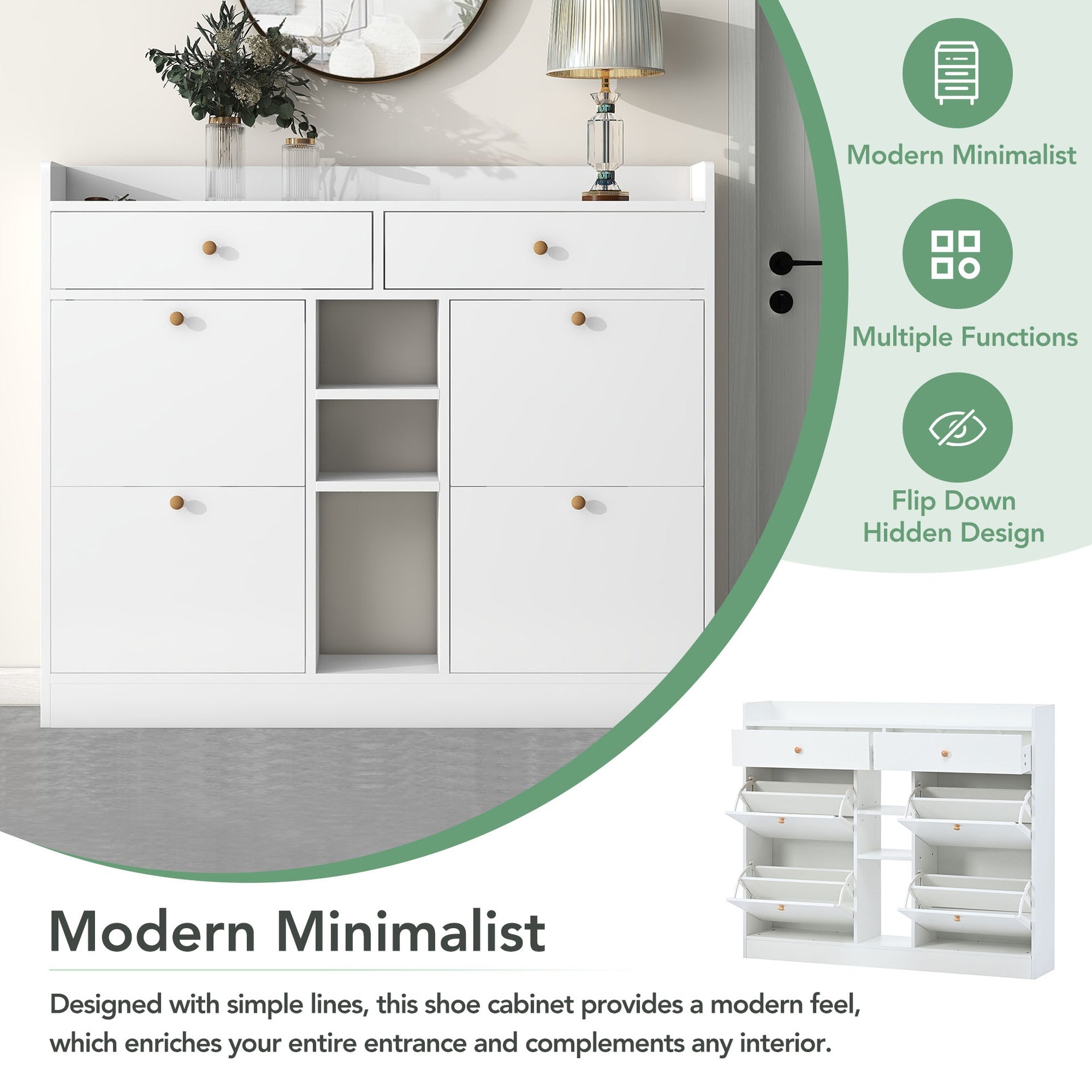 [VIDEO provided] ON-TREND Modern Tipping Bucket Shoe Cabinet with 4 Flip Drawers, Multifunctional 2-Tier Shoe Storage Organizer with Drawers, Free Standing Shoe Rack for Entrance Hallway, White.