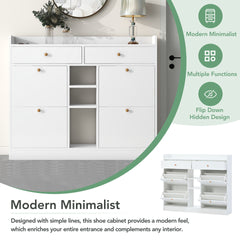 [VIDEO provided] ON-TREND Modern Tipping Bucket Shoe Cabinet with 4 Flip Drawers, Multifunctional 2-Tier Shoe Storage Organizer with Drawers, Free Standing Shoe Rack for Entrance Hallway, White.
