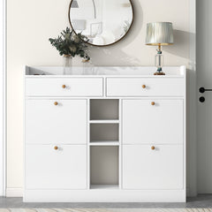 [VIDEO provided] ON-TREND Modern Tipping Bucket Shoe Cabinet with 4 Flip Drawers, Multifunctional 2-Tier Shoe Storage Organizer with Drawers, Free Standing Shoe Rack for Entrance Hallway, White.