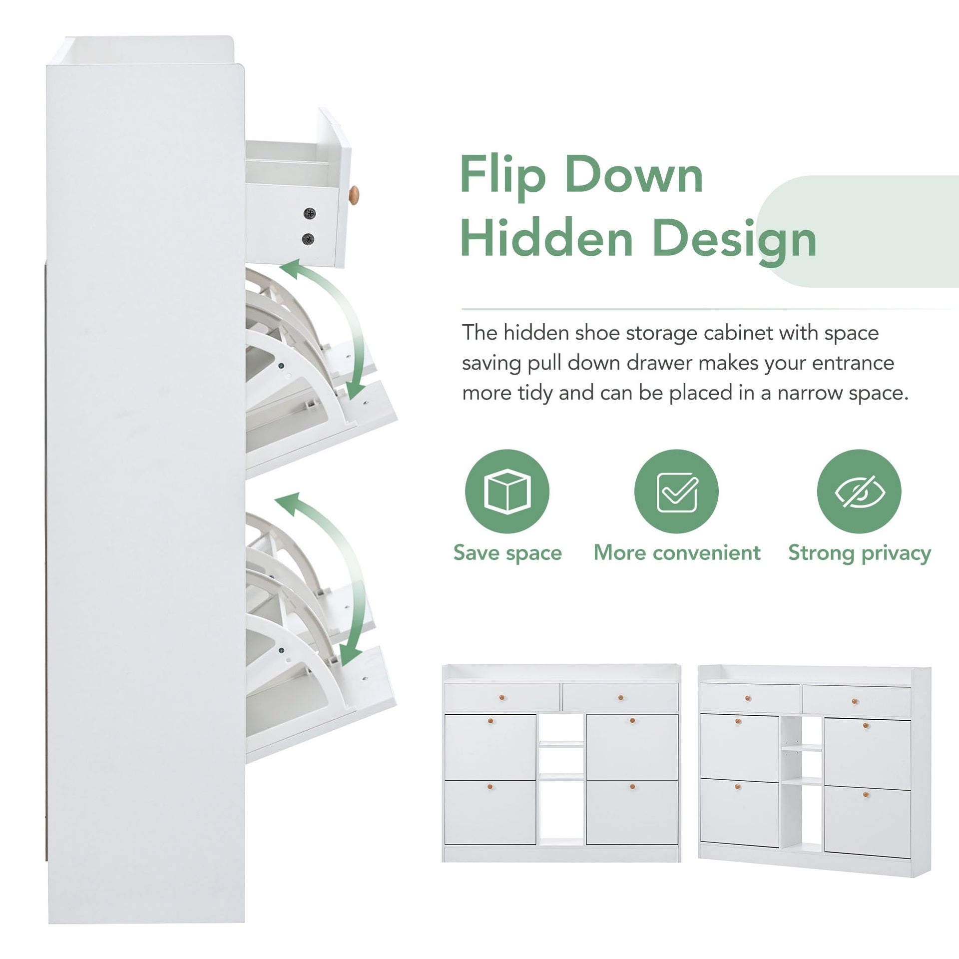 [VIDEO provided] ON-TREND Modern Tipping Bucket Shoe Cabinet with 4 Flip Drawers, Multifunctional 2-Tier Shoe Storage Organizer with Drawers, Free Standing Shoe Rack for Entrance Hallway, White.