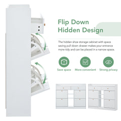 [VIDEO provided] ON-TREND Modern Tipping Bucket Shoe Cabinet with 4 Flip Drawers, Multifunctional 2-Tier Shoe Storage Organizer with Drawers, Free Standing Shoe Rack for Entrance Hallway, White.