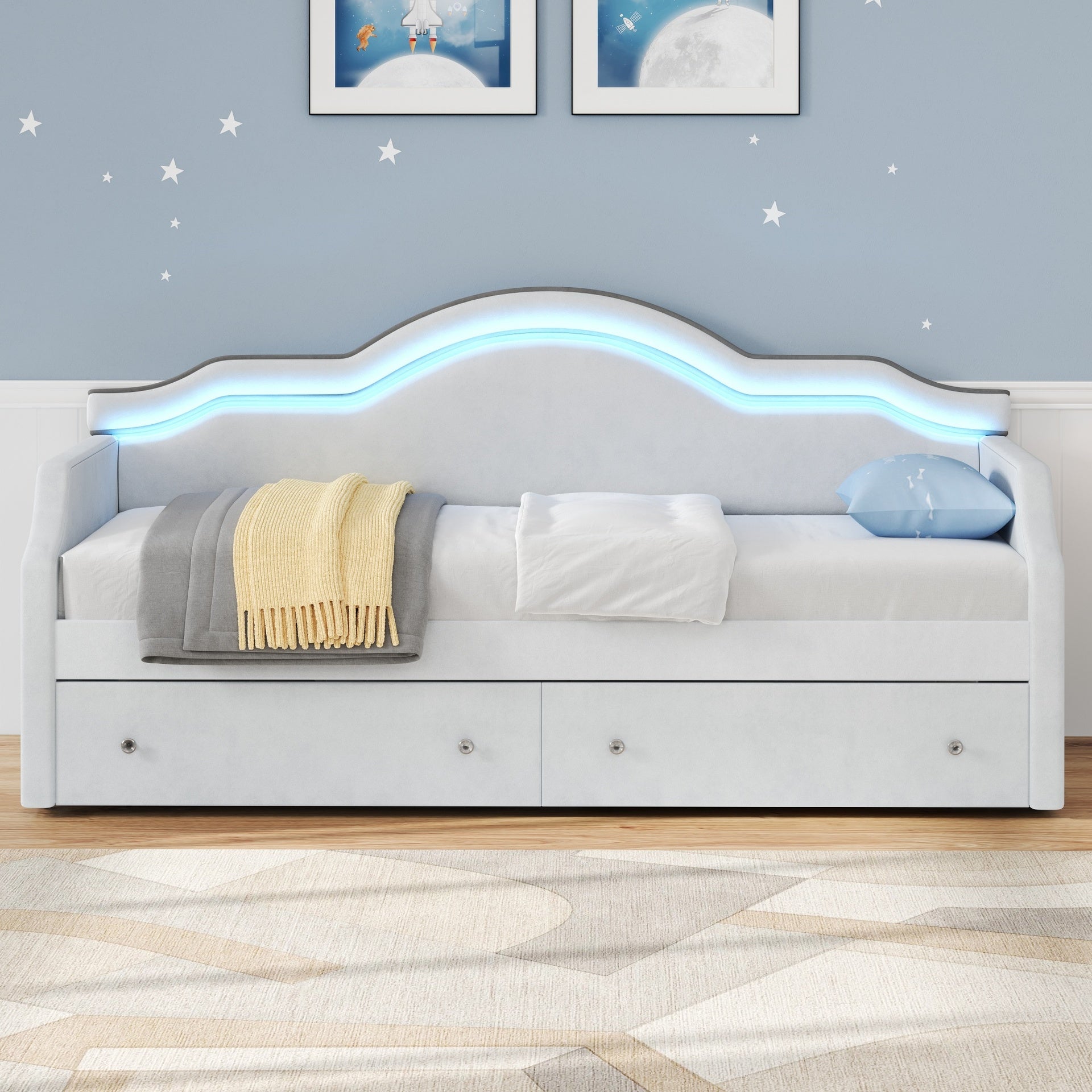 Twin Size Upholstered Daybed with LED and 2 Drawers, Beige