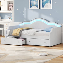 Twin Size Upholstered Daybed with LED and 2 Drawers, Beige