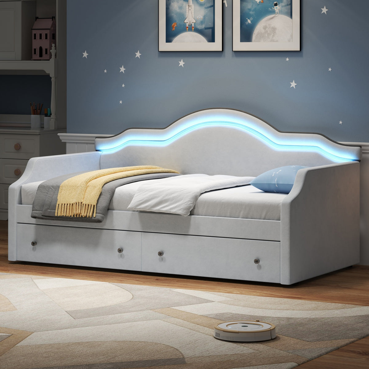 Twin Size Upholstered Daybed with LED and 2 Drawers, Beige