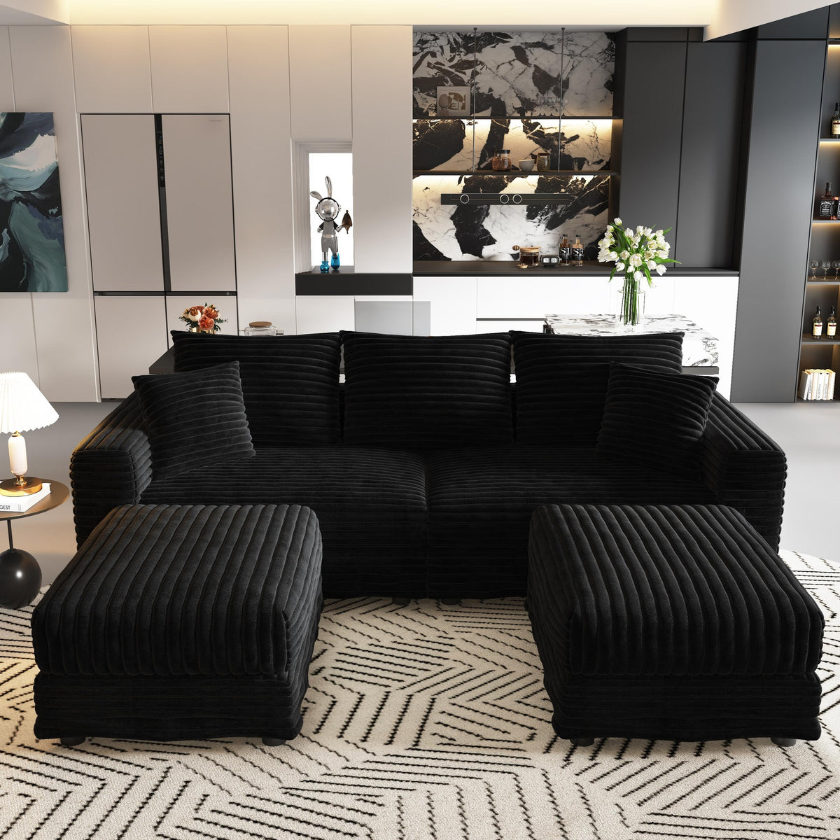 82.7 "Plush Corduroy 3-Seat Sofa,Modern Comfy Upholstered Sofa Cloud Couch,Deep Seat Couches with Soft Pillows and 2 Ottomans,Convertible Sofa Lounge Chair,Black(Old SKU:W1885S00155)