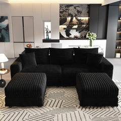 82.7 "Plush Corduroy 3-Seat Sofa,Modern Comfy Upholstered Sofa Cloud Couch,Deep Seat Couches with Soft Pillows and 2 Ottomans,Convertible Sofa Lounge Chair,Black(Old SKU:W1885S00155)