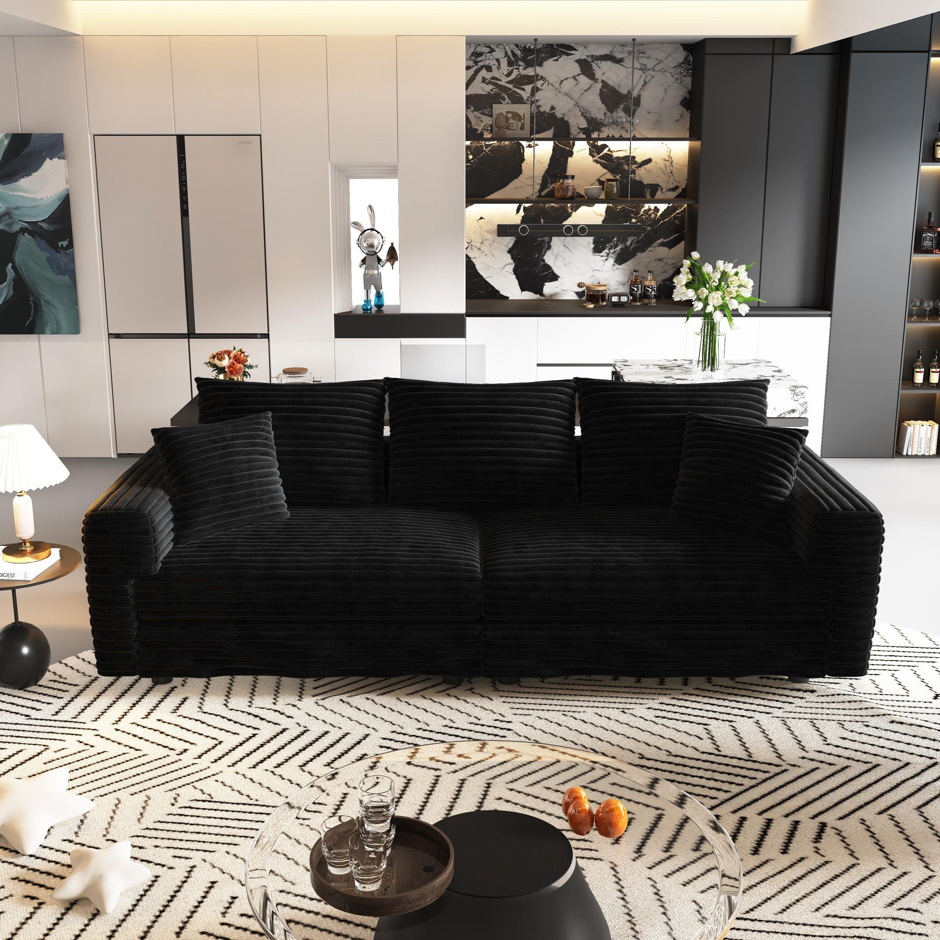 82.7 "Plush Corduroy 3-Seat Sofa,Modern Comfy Upholstered Sofa Cloud Couch,Deep Seat Couches with Soft Pillows and 2 Ottomans,Convertible Sofa Lounge Chair,Black(Old SKU:W1885S00155)