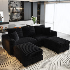 82.7 "Plush Corduroy 3-Seat Sofa,Modern Comfy Upholstered Sofa Cloud Couch,Deep Seat Couches with Soft Pillows and 2 Ottomans,Convertible Sofa Lounge Chair,Black(Old SKU:W1885S00155)