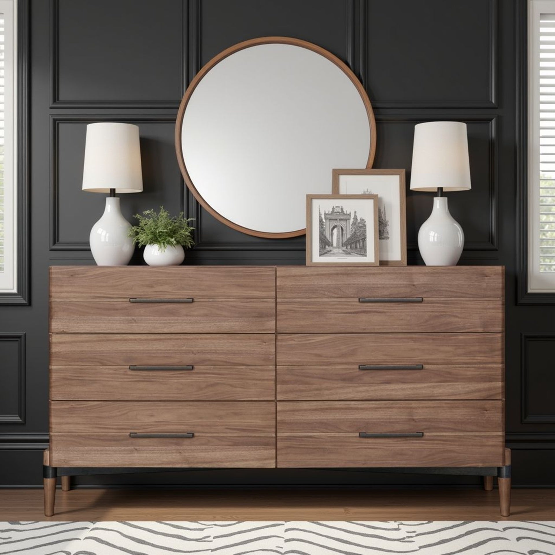 Tranquility Six Drawer Dresser, No Assembly Required, Walnut Finish