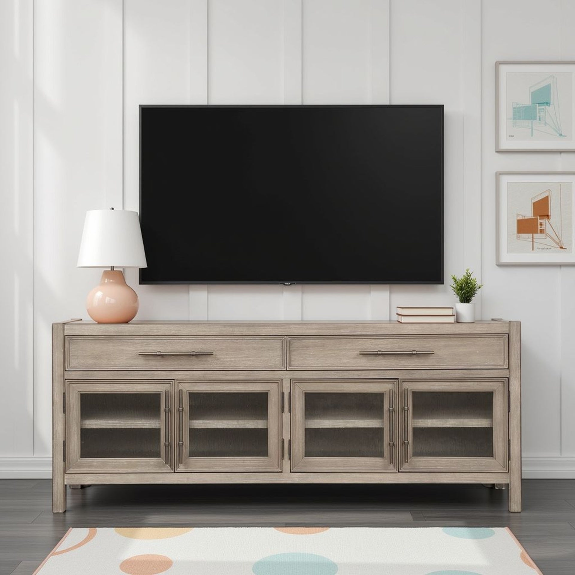 65 inch TV Stand Console, No Assembly Required, White Oak Finish