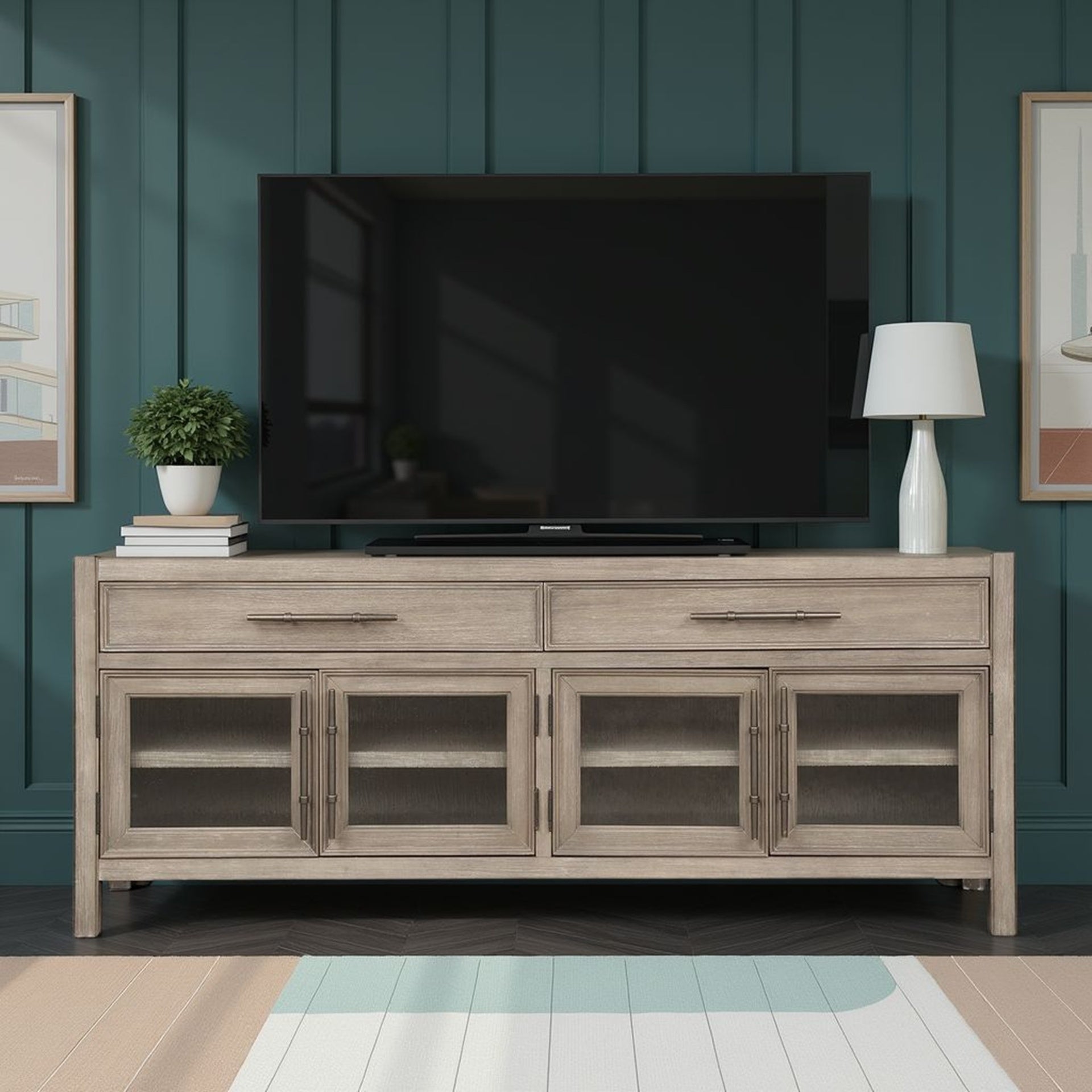 65 inch TV Stand Console, No Assembly Required, White Oak Finish