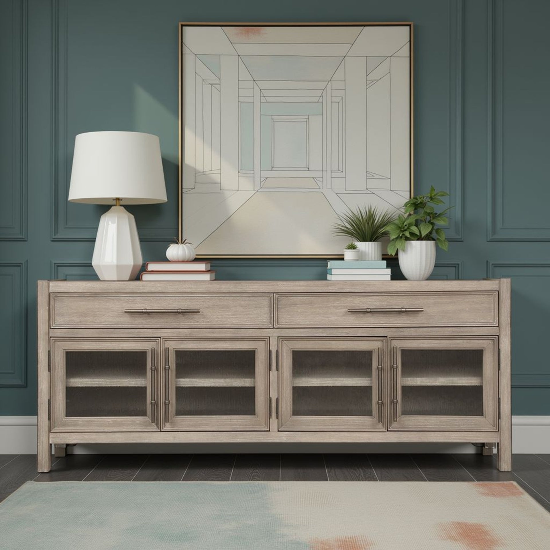 65 inch TV Stand Console, No Assembly Required, White Oak Finish