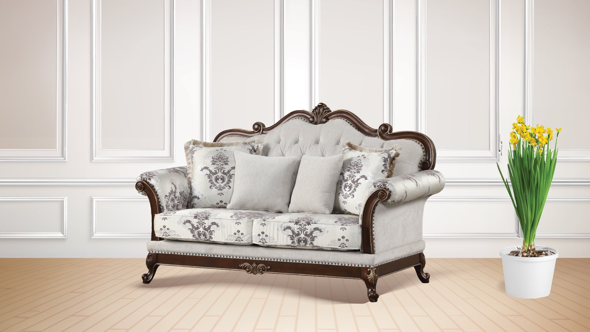 Gloria Traditional Style 3PC button tufted Living Room Set Ivory