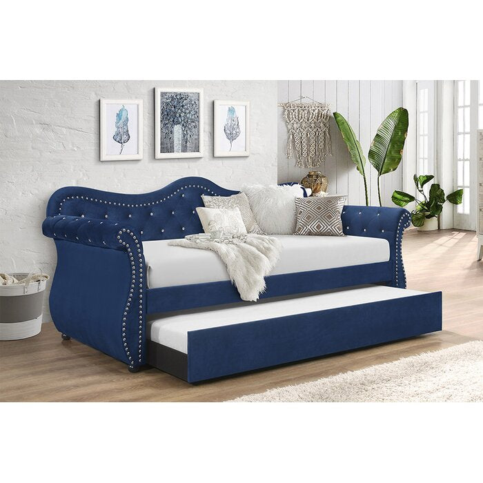 Abby Upholstered Velvet Wood Daybed with Trundle in Blue